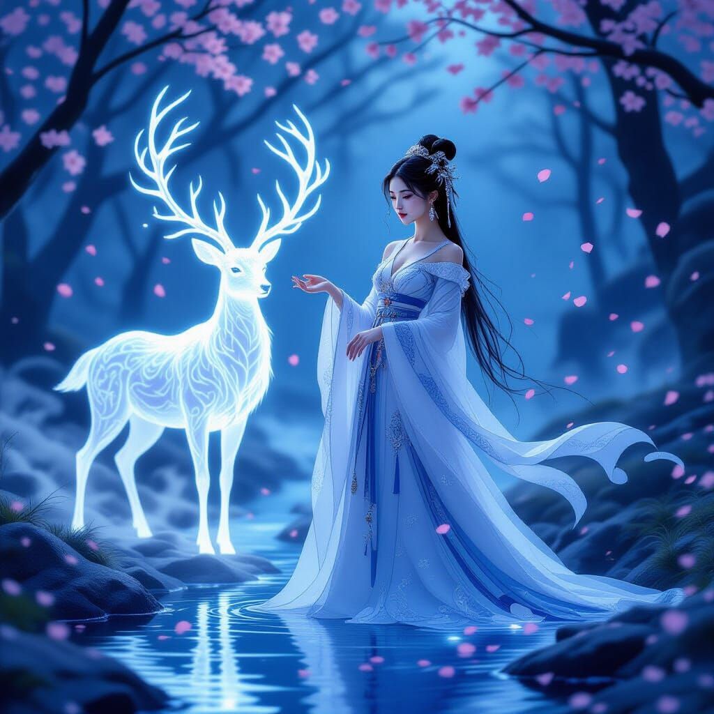 Moonlit Forest Dream with Ethereal Deer and Woman