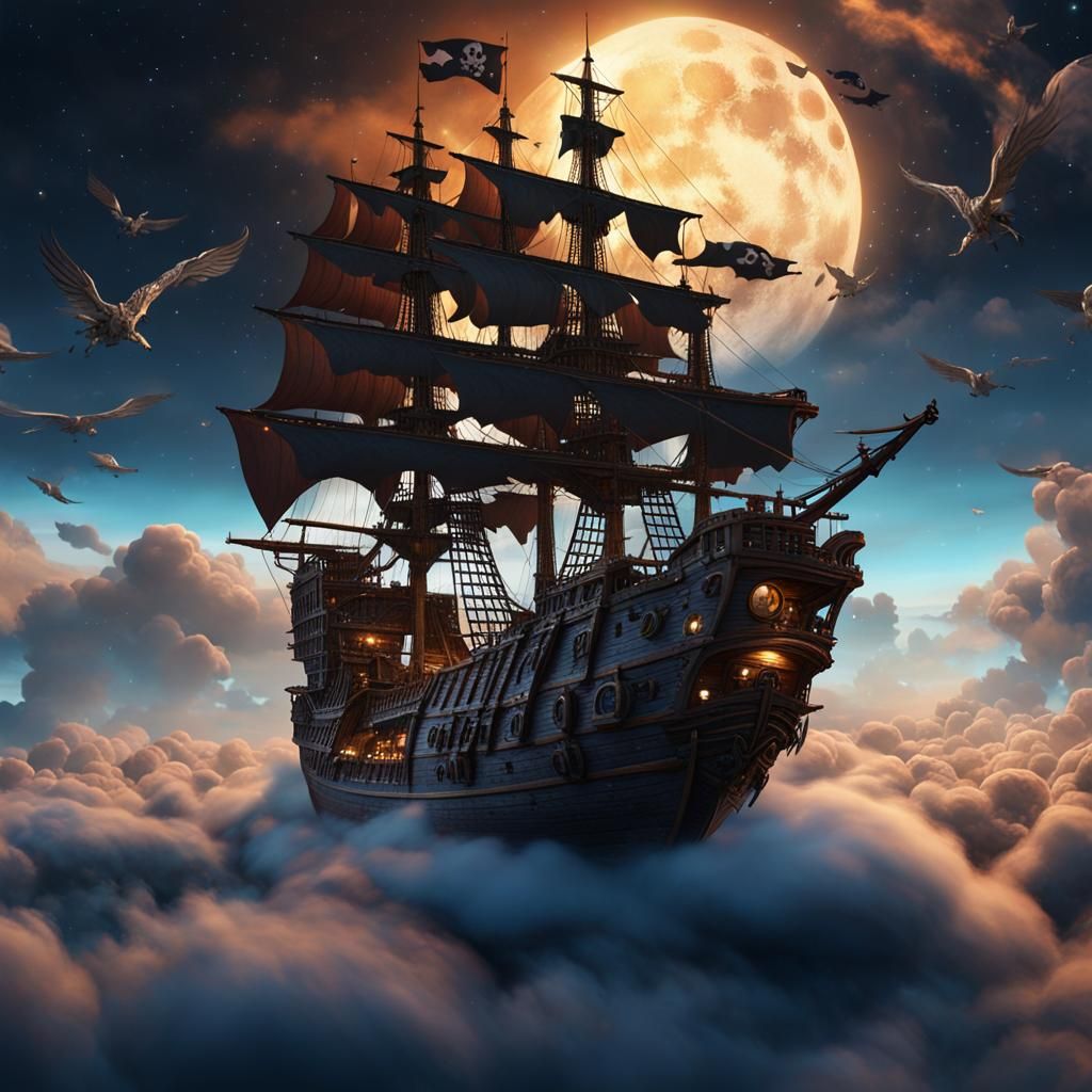 Pirate Ship Soaring Through Cloudy Midnight Sky