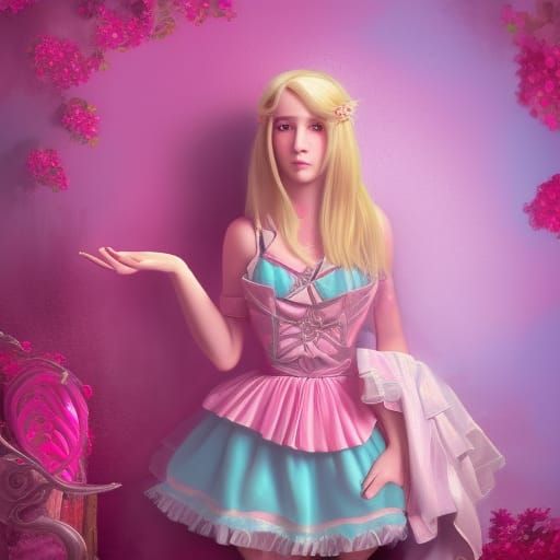 Embarrassed Sissy Boy in Girly Pink Room: Digital Art