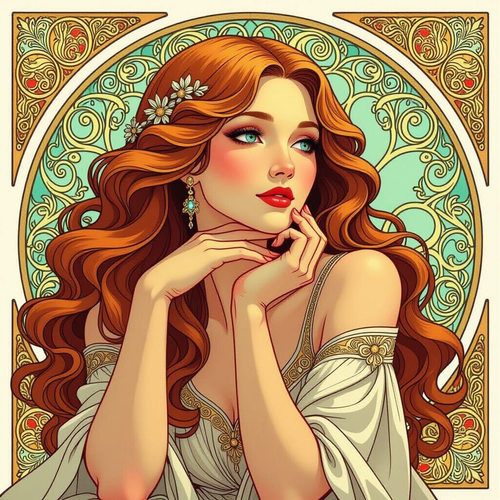 Elegant Woman with Flowing Locks in Art Nouveau Style