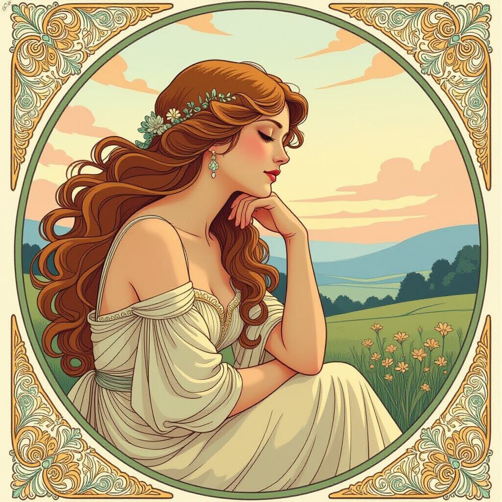 Elegant Woman in Serene Landscape, Mucha Style
