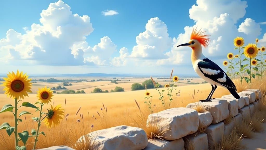 Hoopoe Bird Overlooking Rural Landscape in Impressionist Sty...