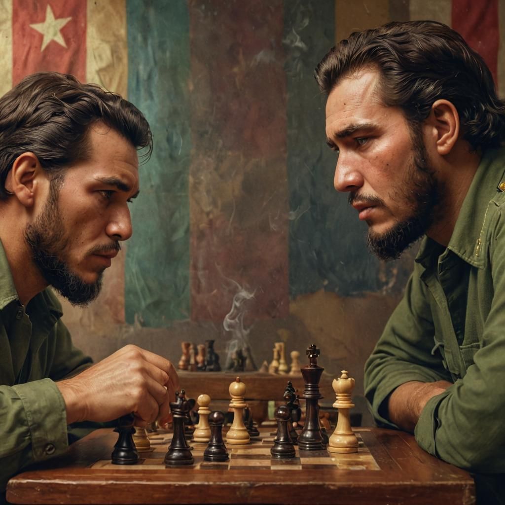 Che Guevara and Fidel Castro intensely playing chess.