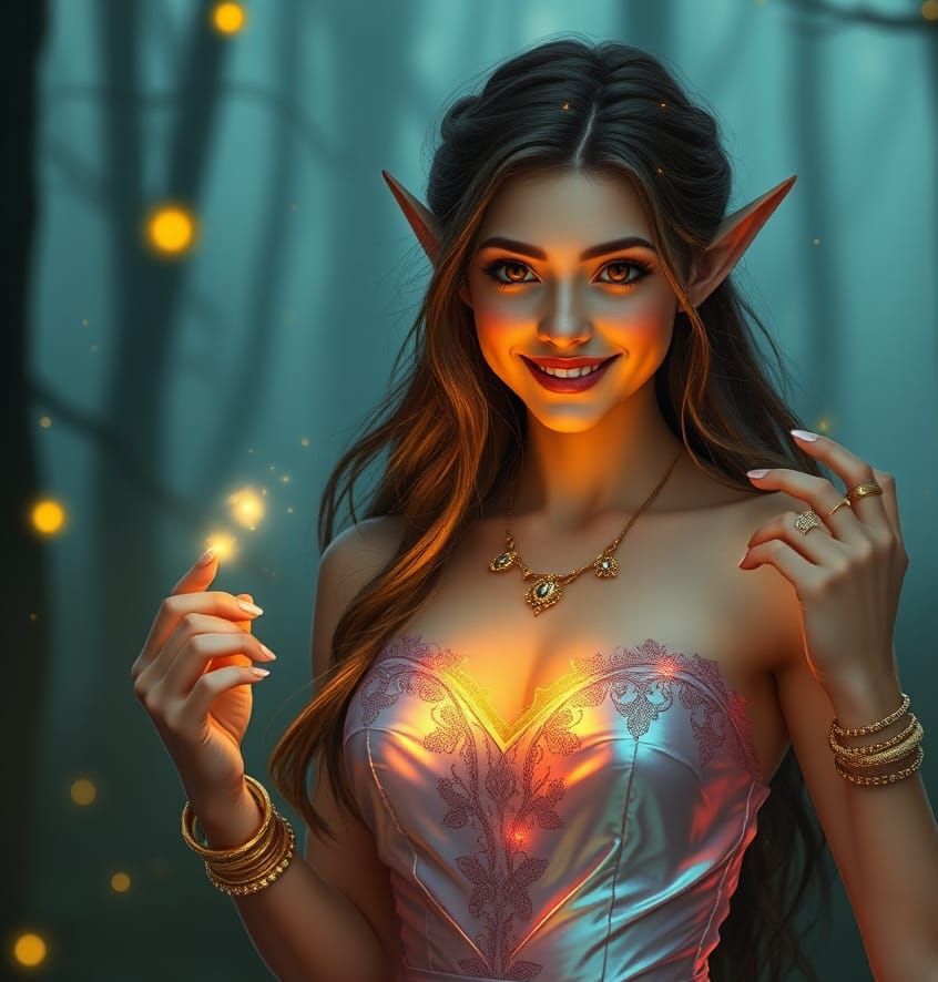 Elf Woman in Foggy Forest with Fireflies