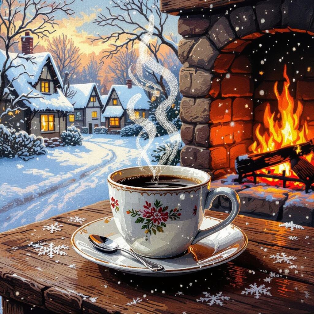 A cozy scene of a steaming coffee cup on a wooden table, bat...