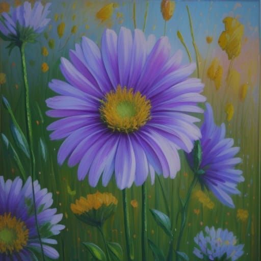 Colorful Flowers in Field as Expressionist Oil Painting