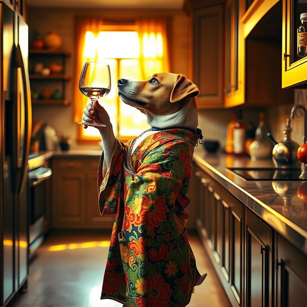 Dog in Kimono Sipping Wine, Hyperrealistic Detail
