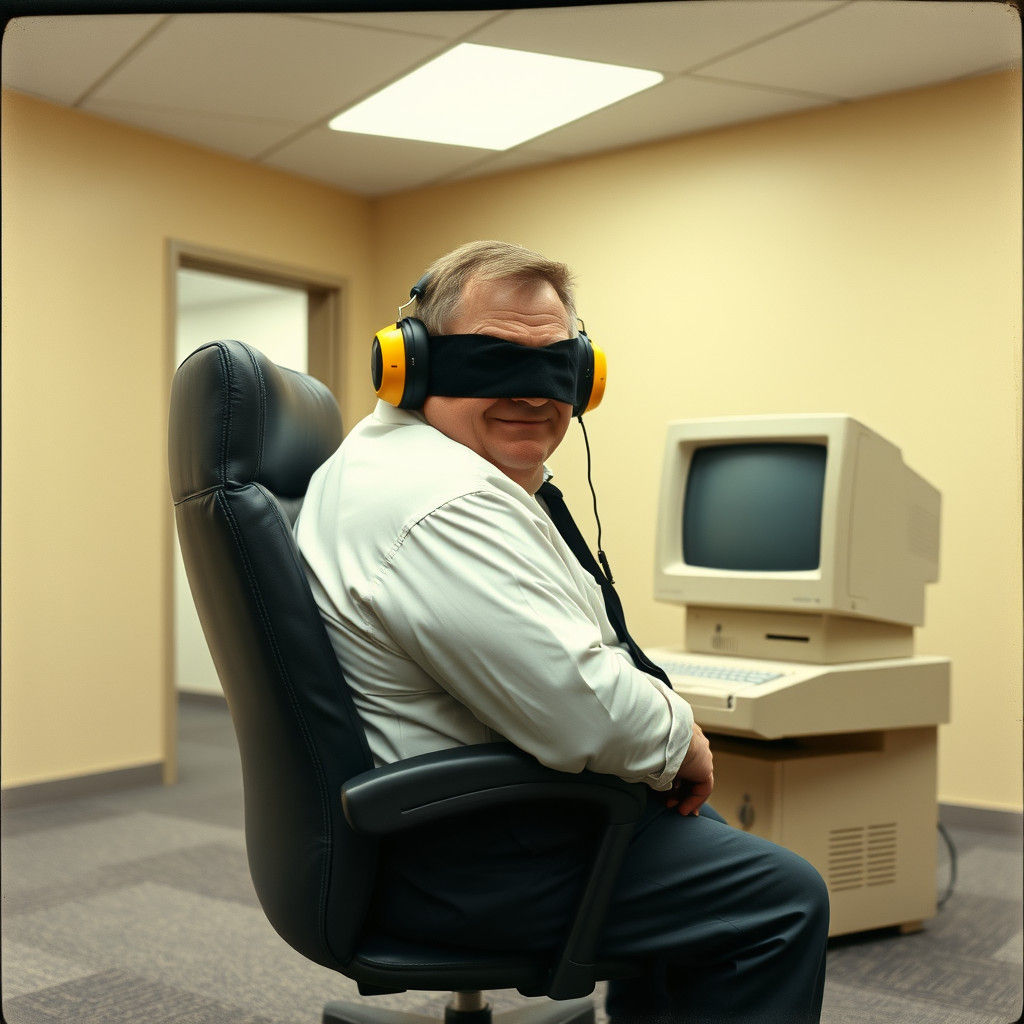 1990s Office Scene: Blindfolded Security Guard