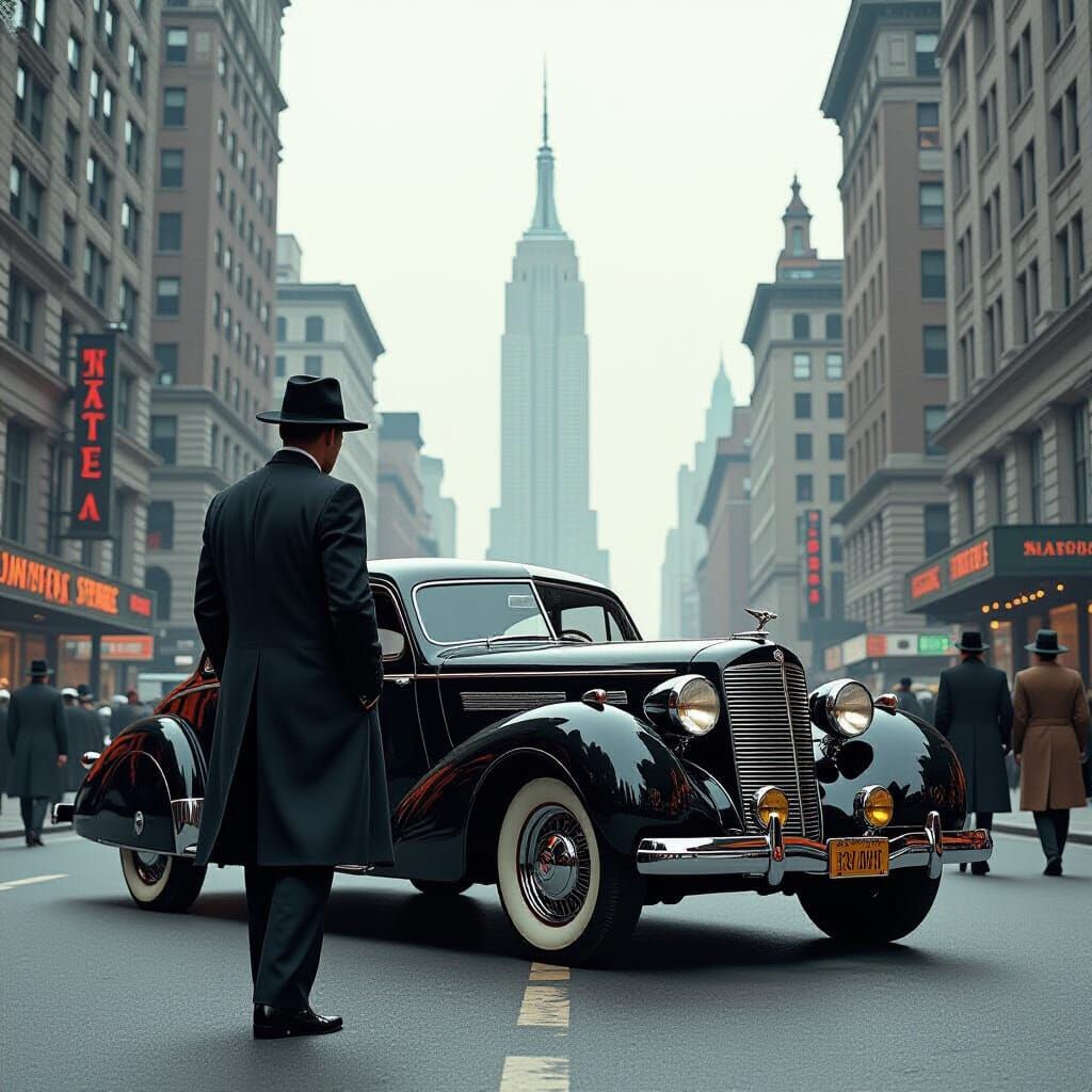 Mafia Figure and Classic Car Near Empire State