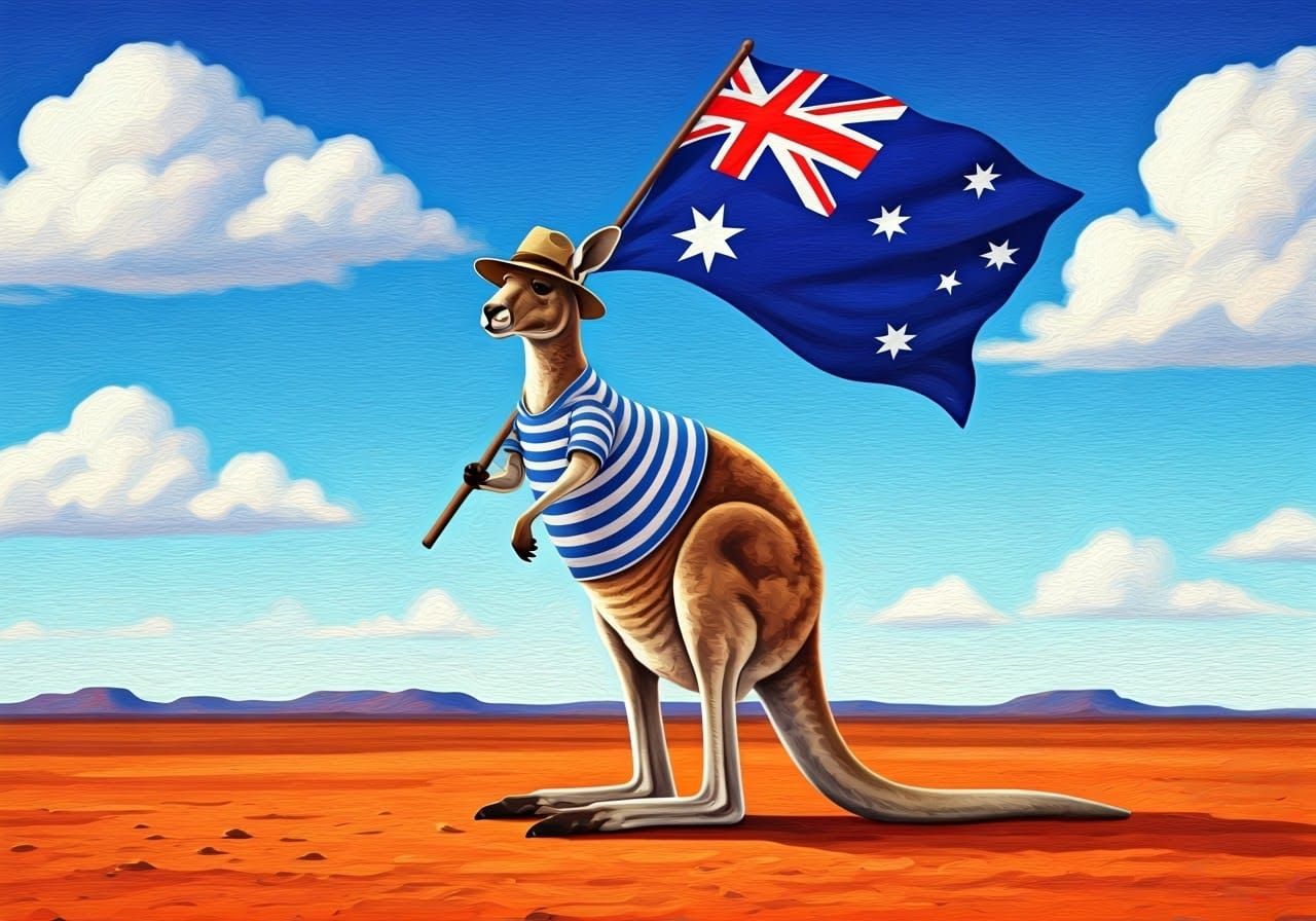 Kangaroo Waving Australian Flag in Outback Art Style