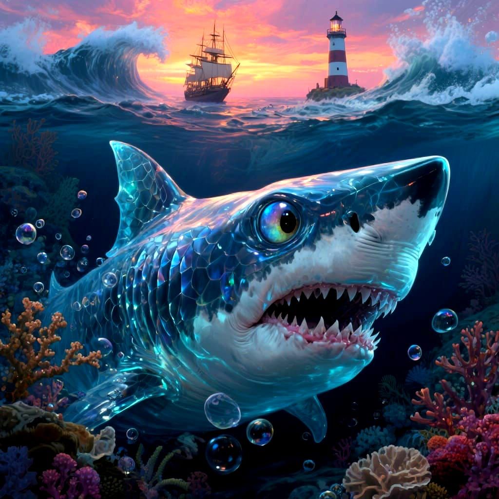 Transparent Shark Monster with Ship Scene