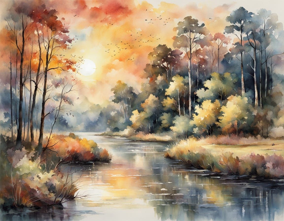 Watercolor Sunset Over Forest River