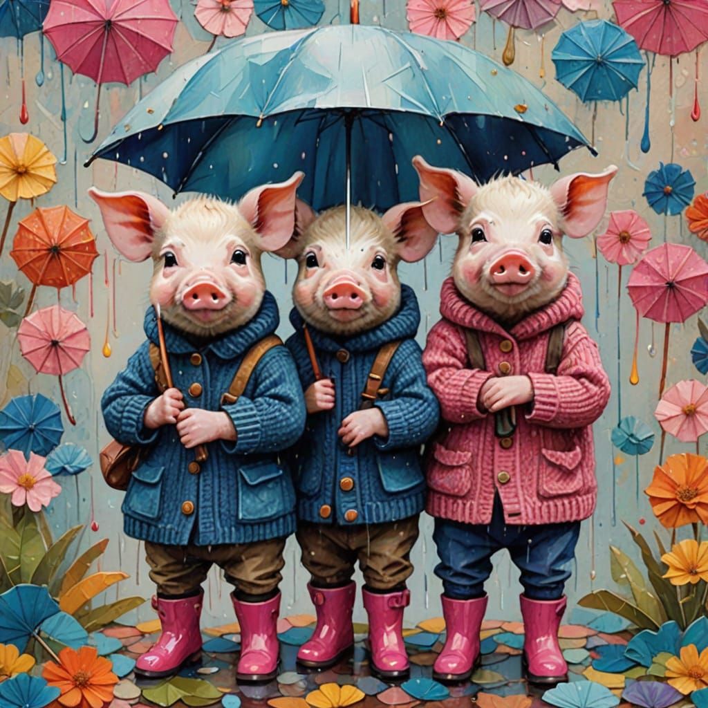 Whimsical Baby Pigs in Vintage Collage Style