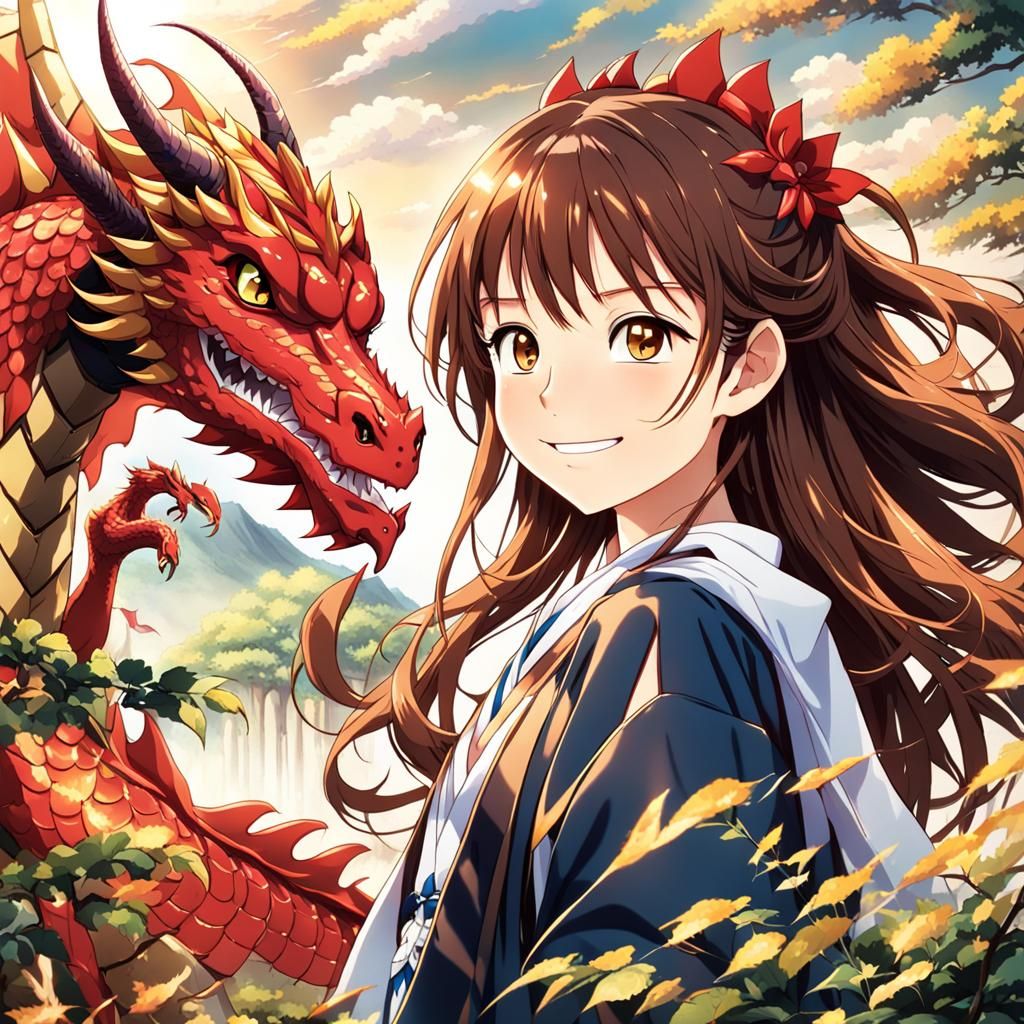 Anime Girl with Dragon: Japanese Key Visual