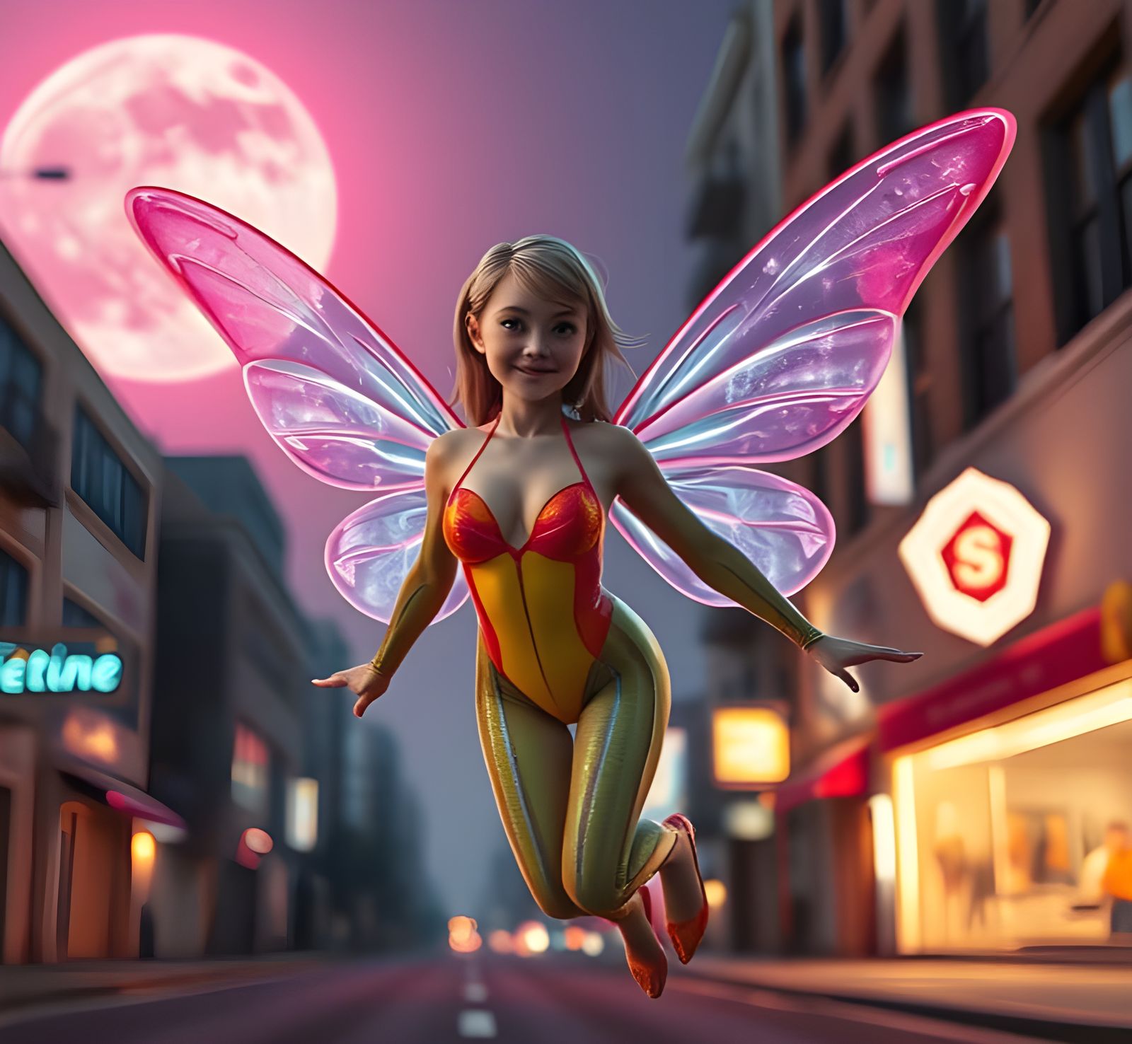 Futuristic Fairy Hovering in Empty Street, Vibrant Realism