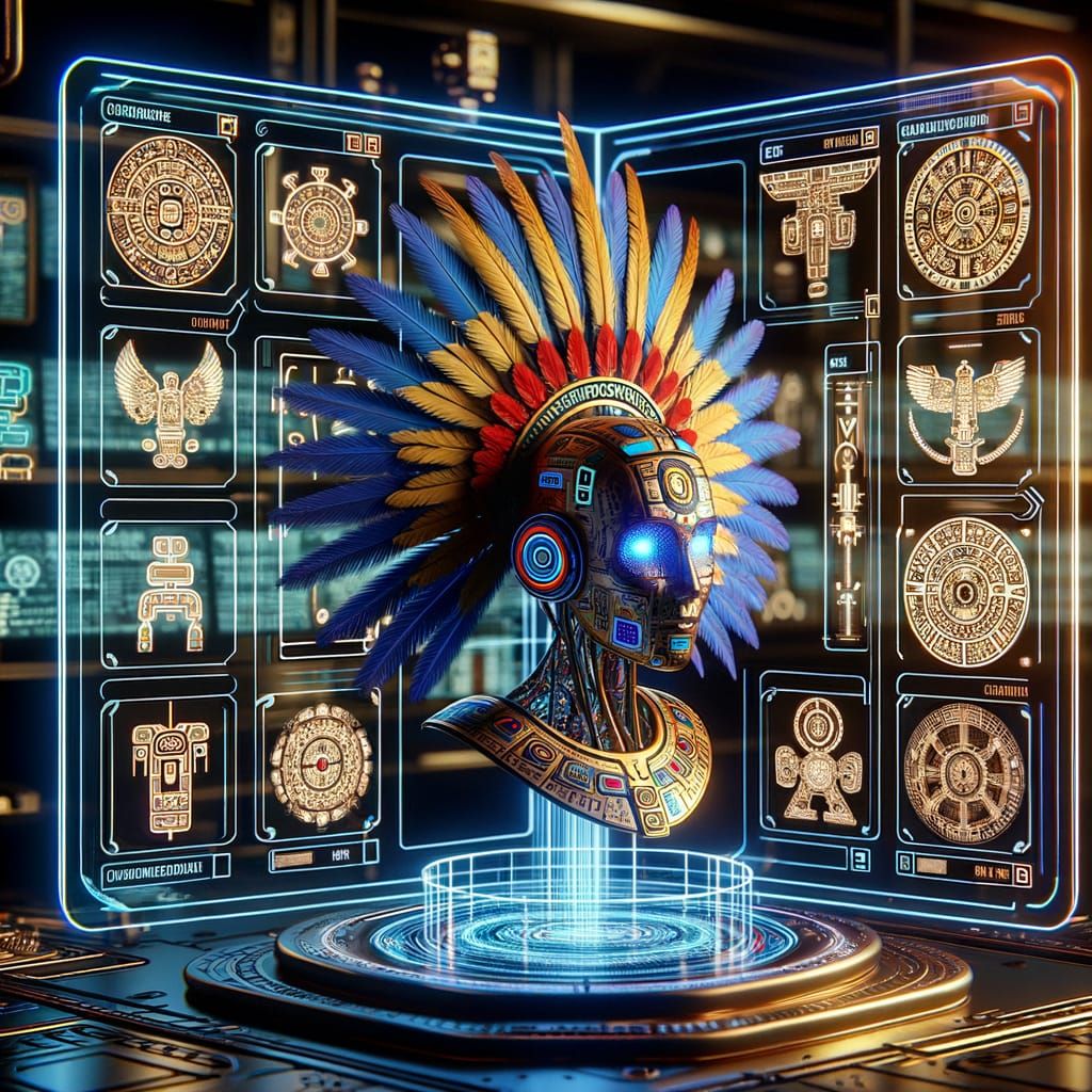Aztec-Inspired AI Interface in a Futuristic Scene