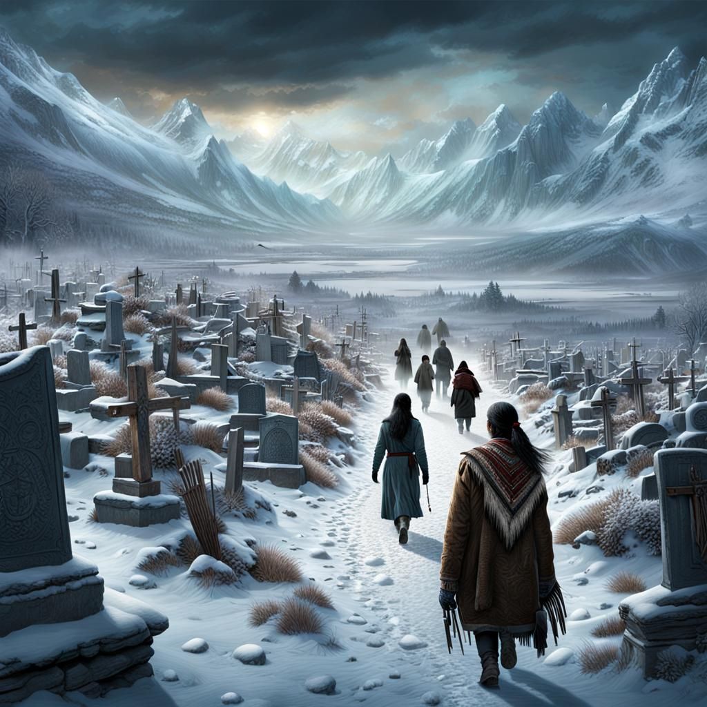 Native Americans in Snowy Graveyard: Cinematic Digital Art