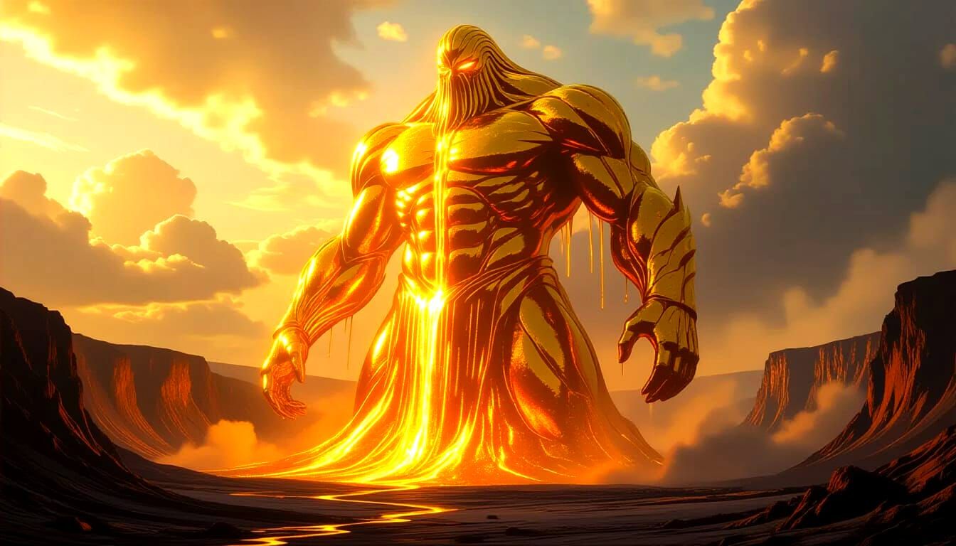 Molten Gold Titan Emerges From Volcanic Caldera