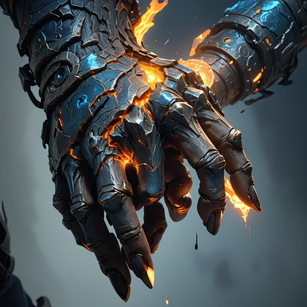 Scarred Hand Holding Glowing Artifact in Fantasy Style