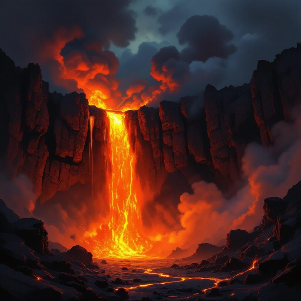Molten Lava Waterfall on Volcanic Mountain