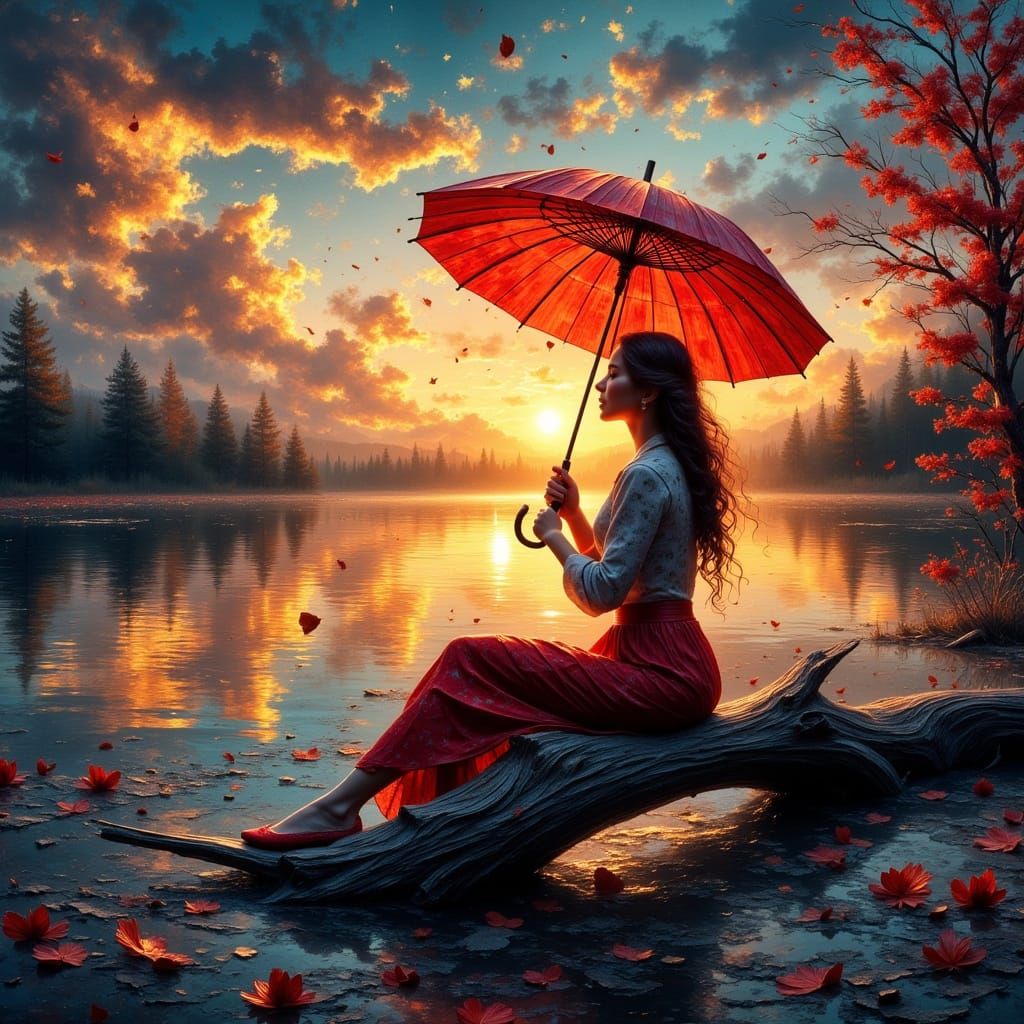 Woman Under Sunset Umbrella by River