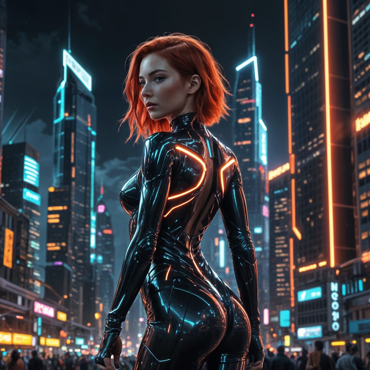 Futuristic Woman in Cyberpunk Cityscape, Hyperrealistic Art
