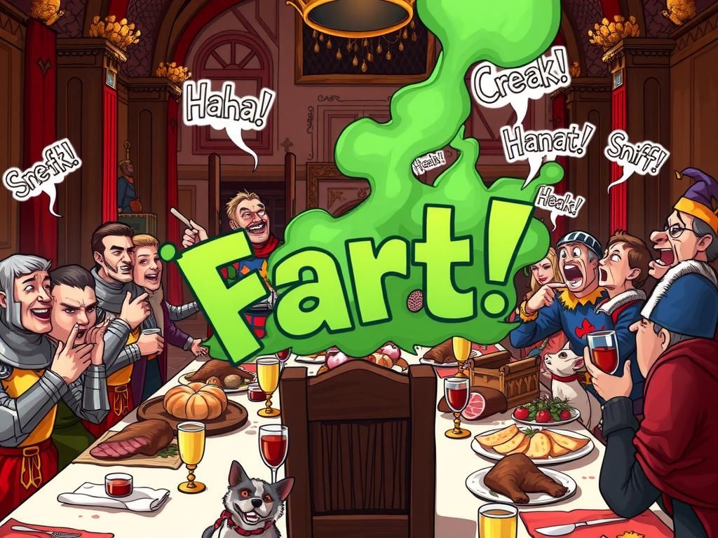 Humorous Medieval Banquet Scene with Exaggerated Chaos