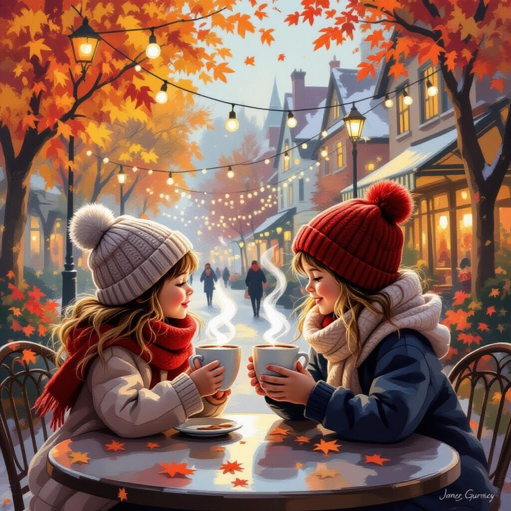 Cozy Autumn Cafe Scene with Children in Impressionistic Styl...