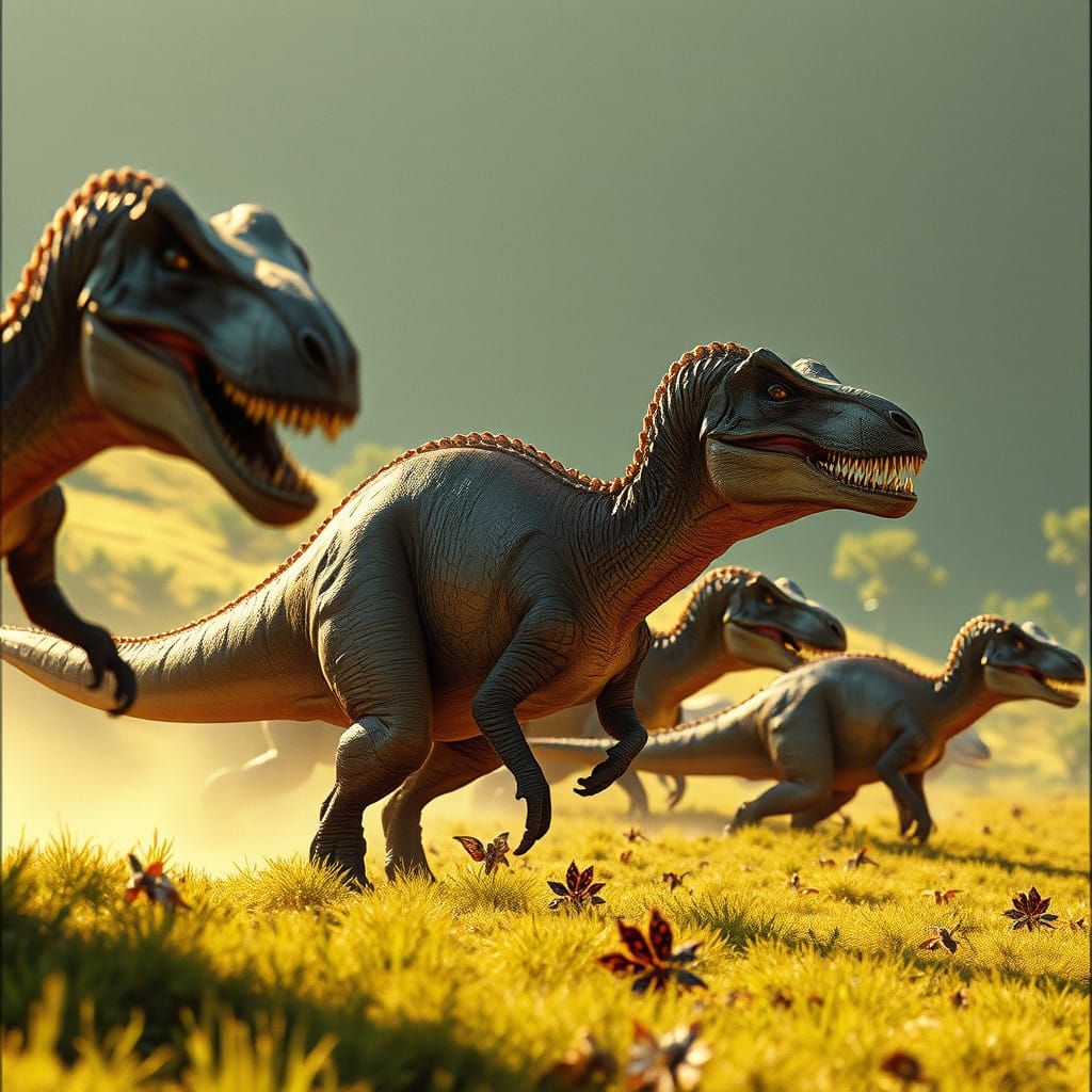 Majestic Dinosaurs in a Golden Prehistoric Landscape