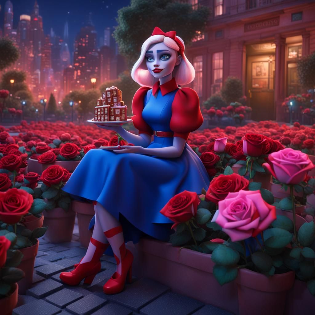 Harley Quinn in Garden with Chocolates: Pixar-Style 3D Art