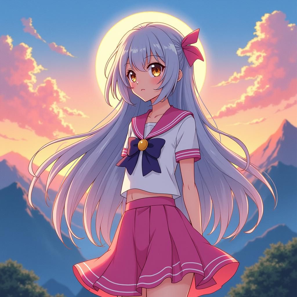 Anime Girl with Silver Hair in Mountain Landscape