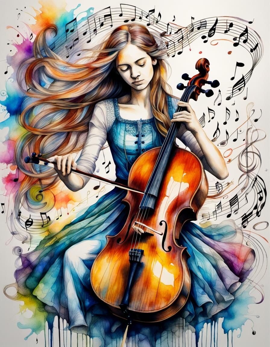 Magical Cellist Pencil Drawing with Ink Stains