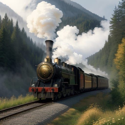 Vintage Steam Train Chugs Along Winding Mountain Track in Wa...