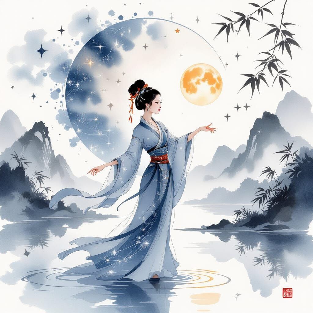 Chinese Watercolor Dancer With Celestial Ink Patterns