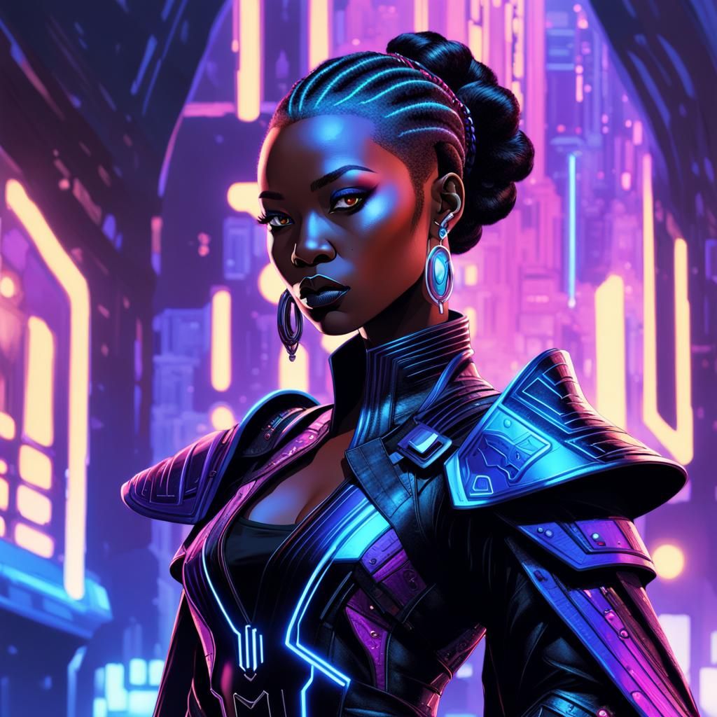 Cyberpunk African Vampire Queen in Neon Noir Style