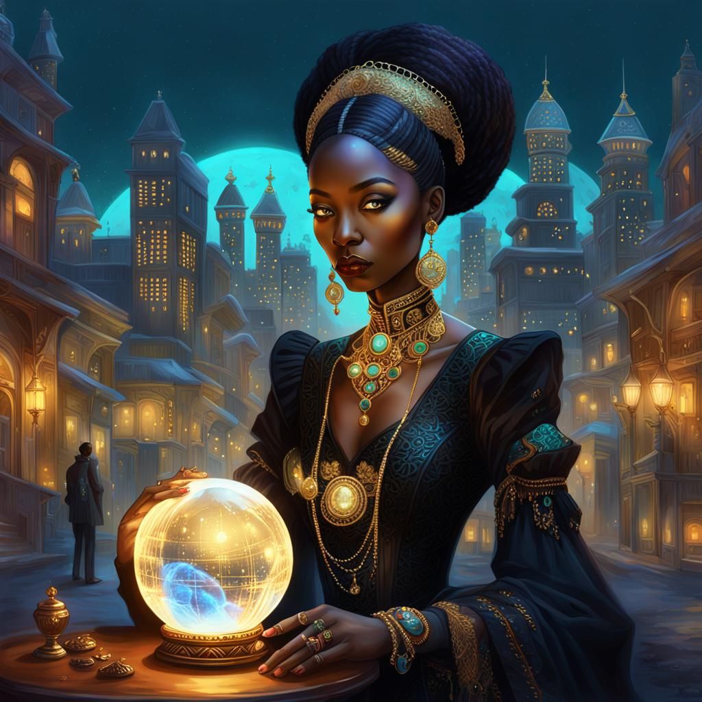 African Cyberpunk Wizard in Ornate Victorian Attire