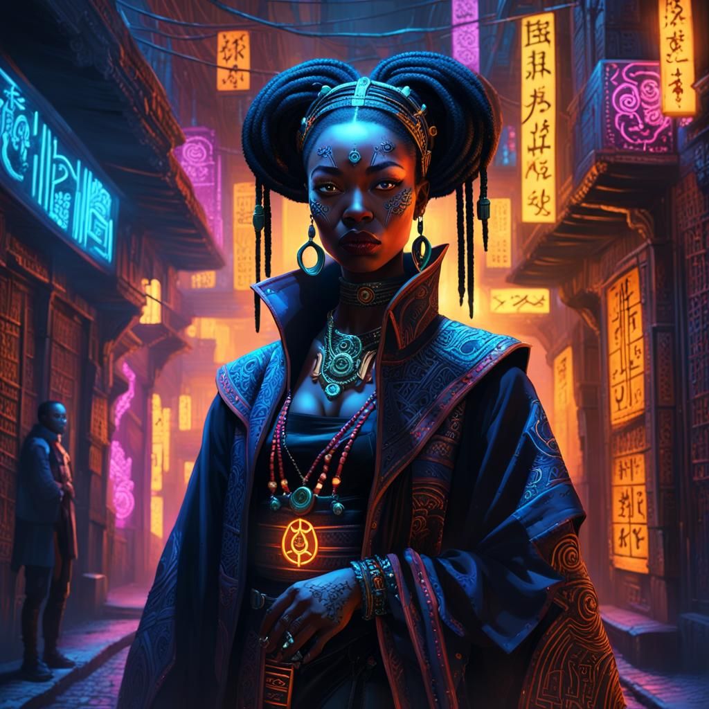 African Cyberpunk Wizard in Neon Alley: Digital Portrait