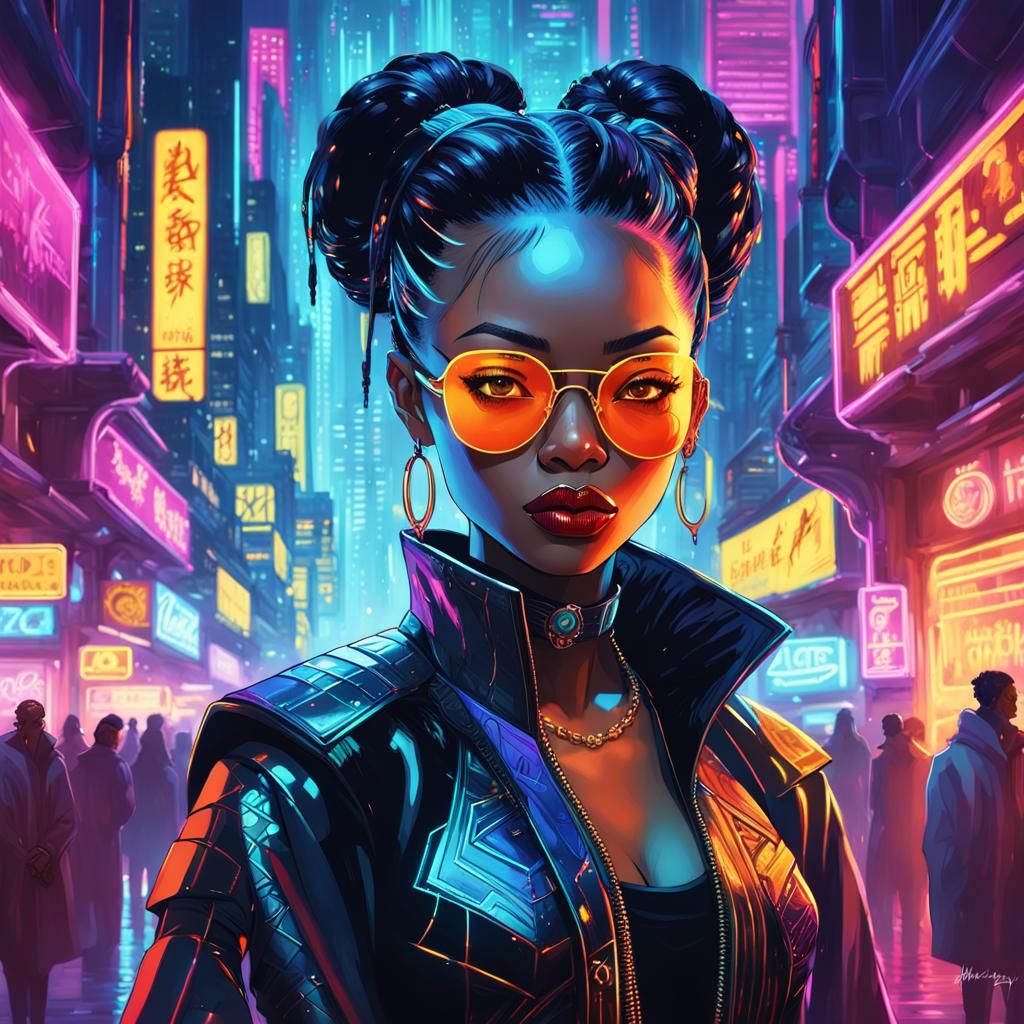 Cyberpunk African Queen in Neon Marketplace