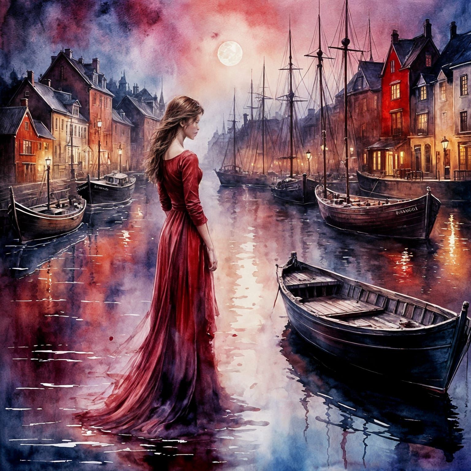 Ethereal Watercolor Harbor Scene at Night
