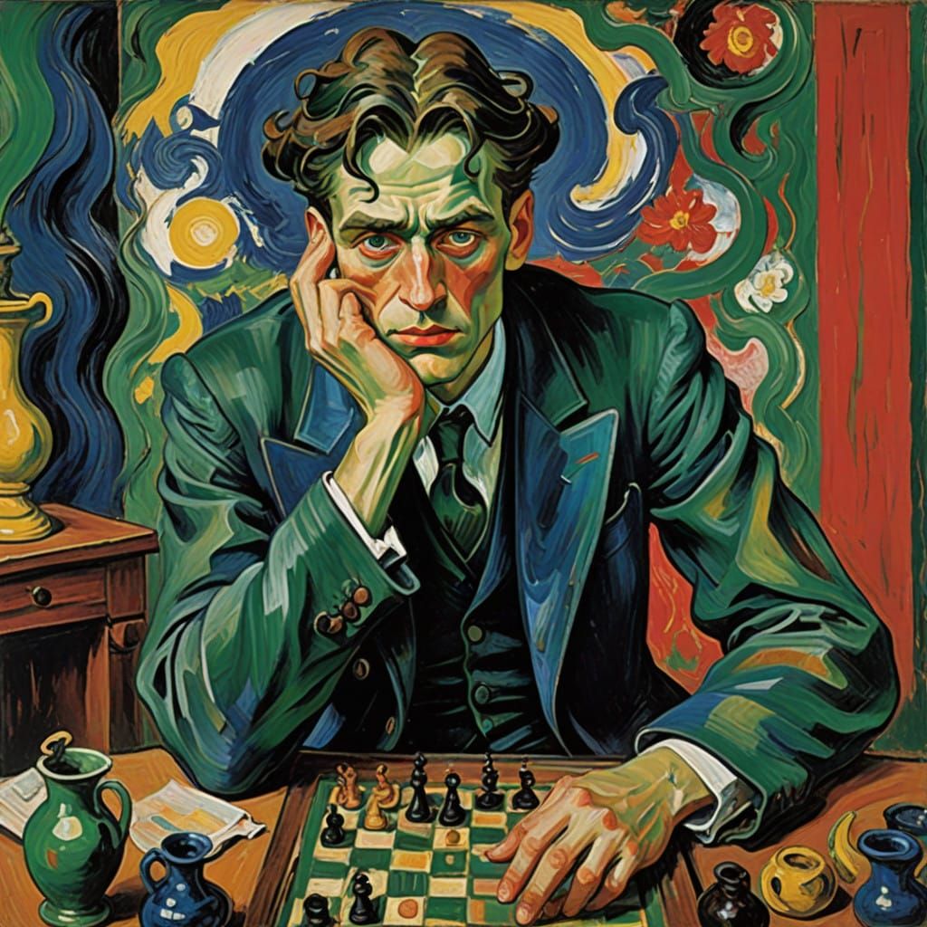 Mischief Maker Ponders Chess Move in Vibrant, Expressionist...
