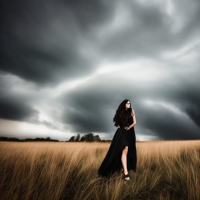 Gothic Woman in Stormy, Detailed Landscape
