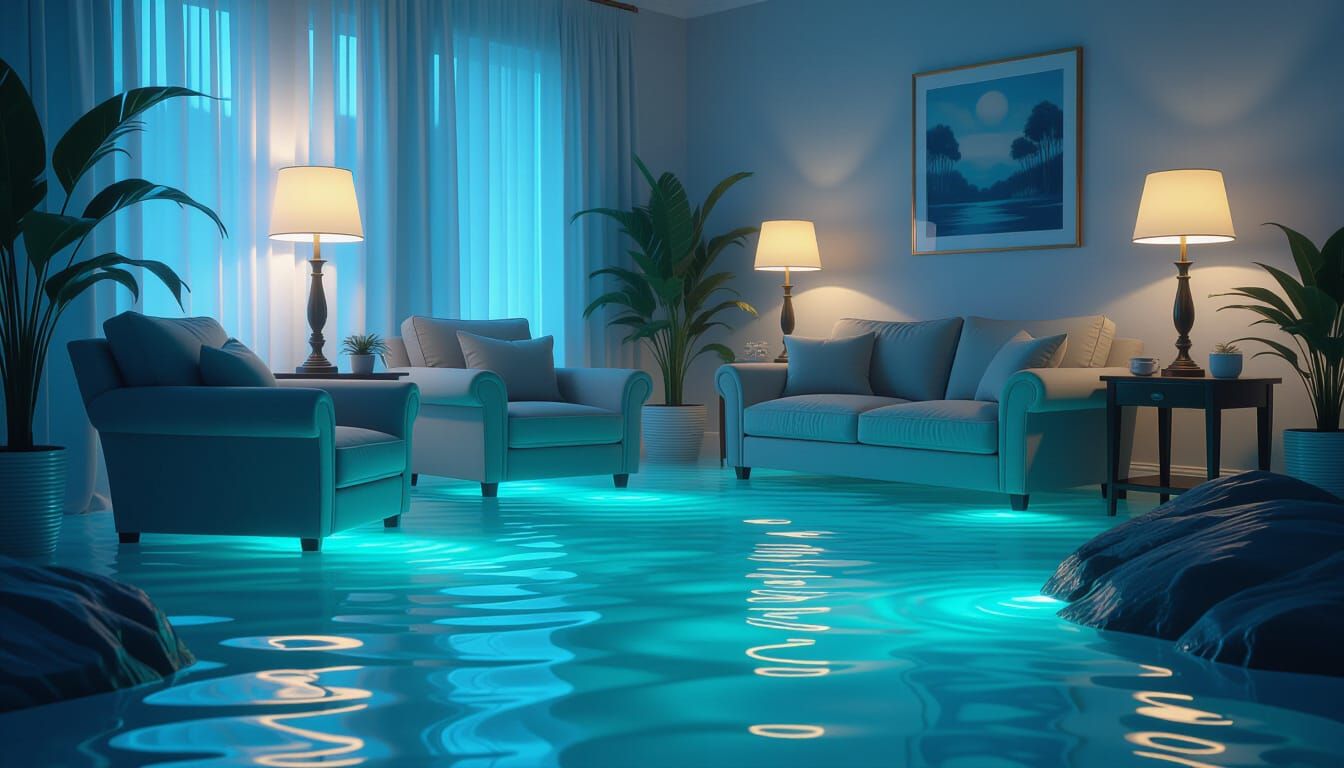 Surreal Living Room River with Bioluminescent Light