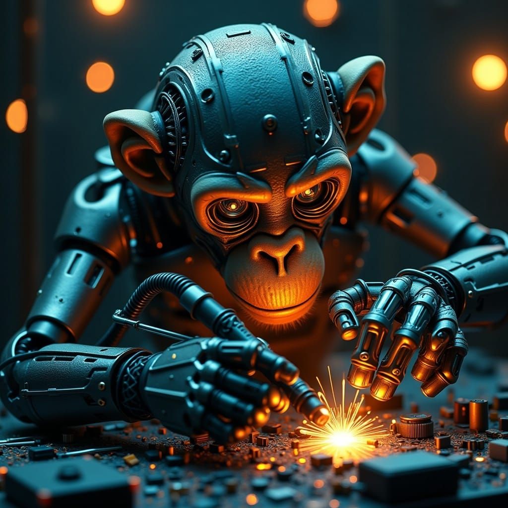 Cybernetic Monkey Welder with Glowing Lights