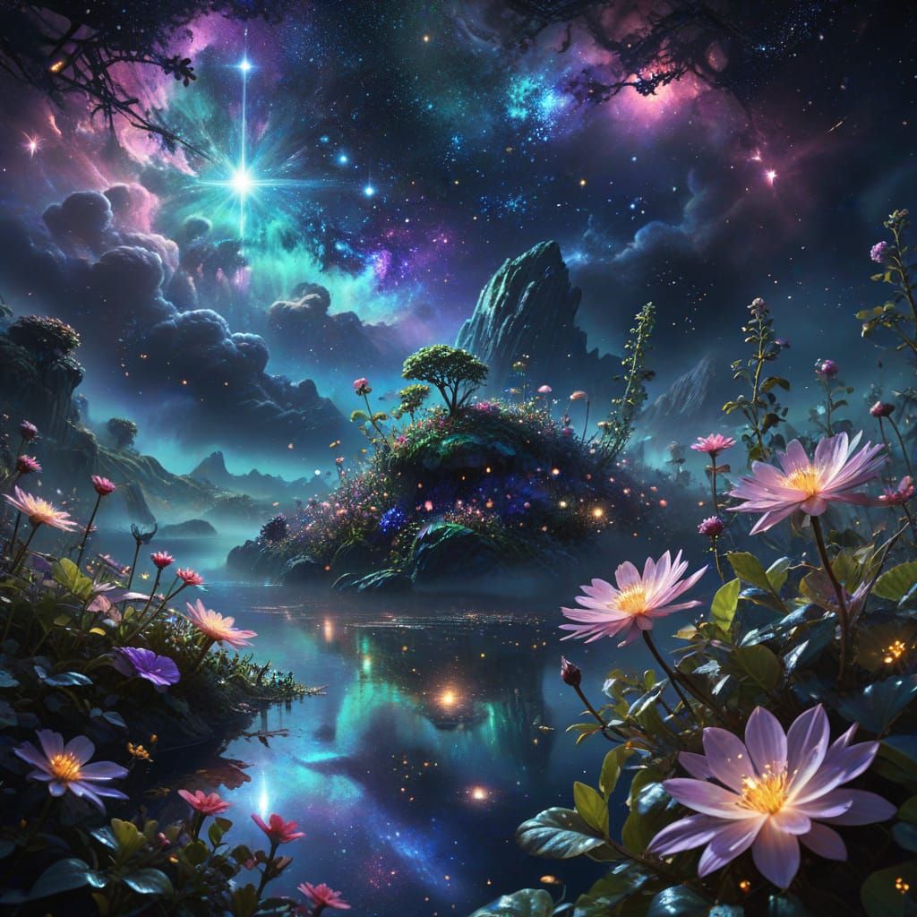 Celestial Garden in Nebula: Detailed Digital Painting