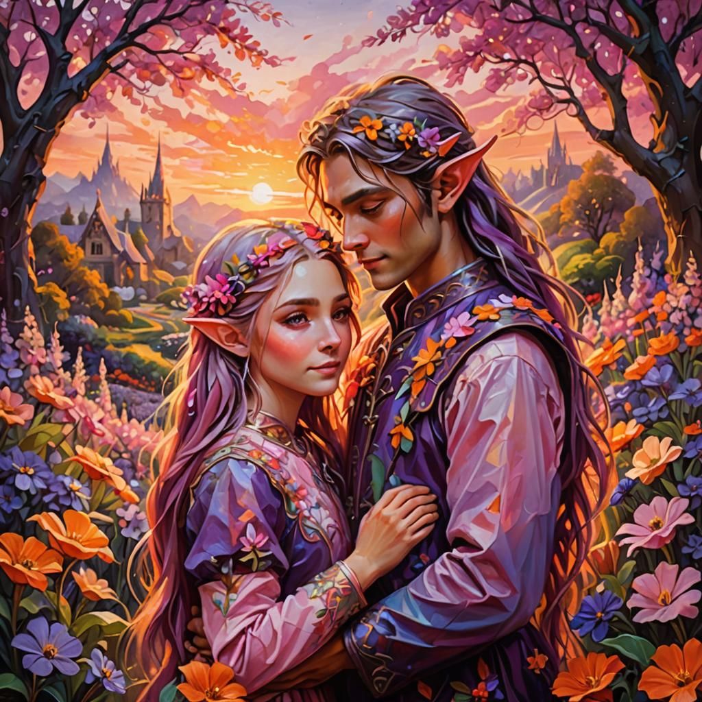 Elven Children Embrace in Floral Garden: Oil Painting