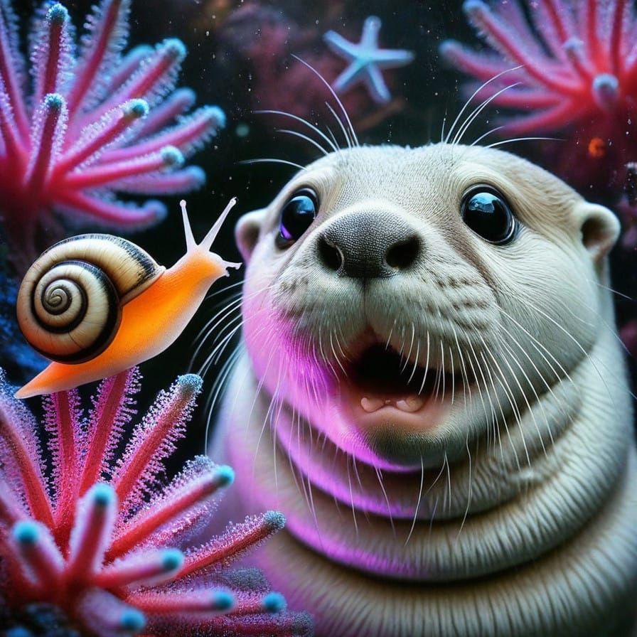 Underwater Scene of Otter and Snail in Neon Coral Reef