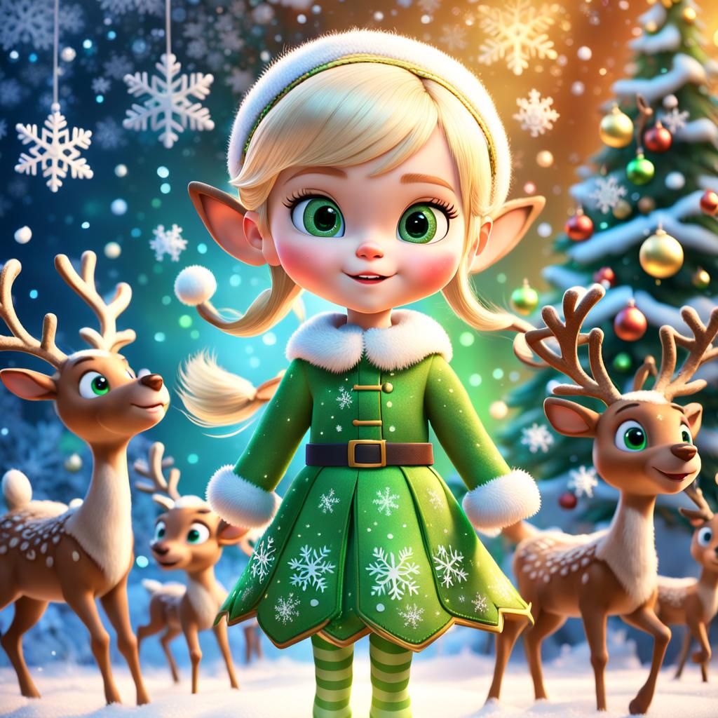 Blonde Elf Girl with Reindeer: Pixar-Style 3D Art