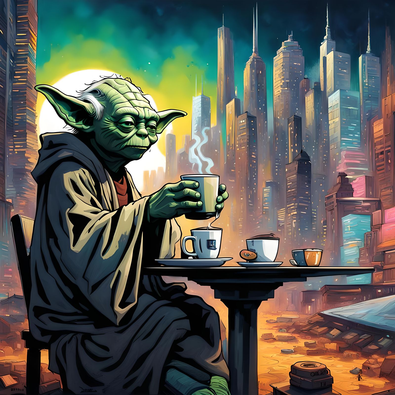 Yoda's Cyberpunk Coffee Break: Graffiti Art