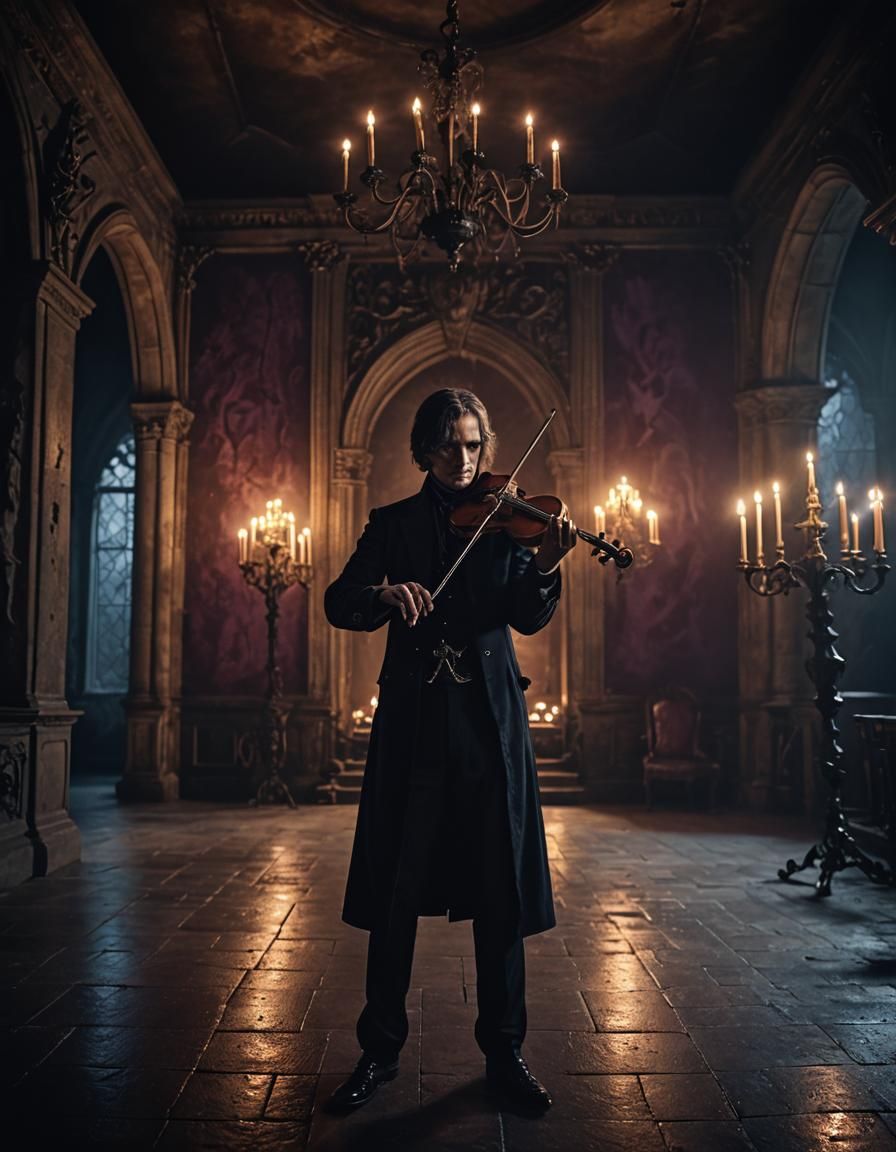 Gothic Lord Plays Violin in Dark Castle