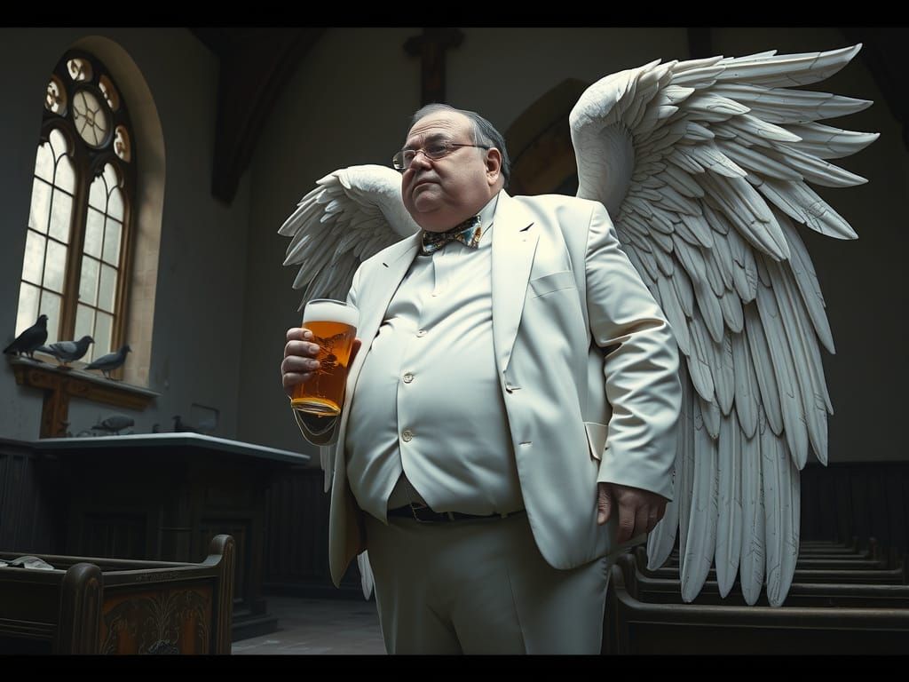 Obese Angel with Beer in Decaying Church